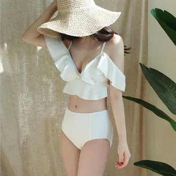 

Sexy Solid Color Split Bikini Word Shoulder Ruffles Gathered Backless Bikini 2020 Ladies No Steel Support Was Thin Bikini