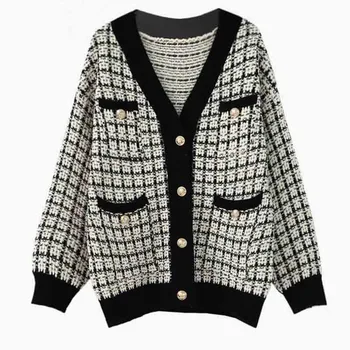 

[EWQ] 2020 Spring Autumn New Pattern V-collar Long Sleeve Single Breasted Knitting Pockets Vintage Sweater Women AH69801