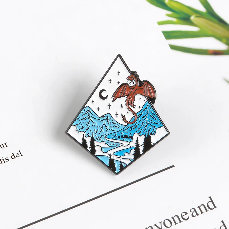 QIHE JEWELRY Nature Night Views Pins Dragon Brooches Enamel pins Stat Mountain River Badges Jewelry Gift for Friends