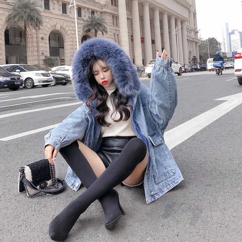 

[Photo Shoot 810 #] 2019 Winter New Style Cowboy Mid-length Lambs Wool Cotton-padded Clothes Really Fox Fur Hooded Cotton Coat