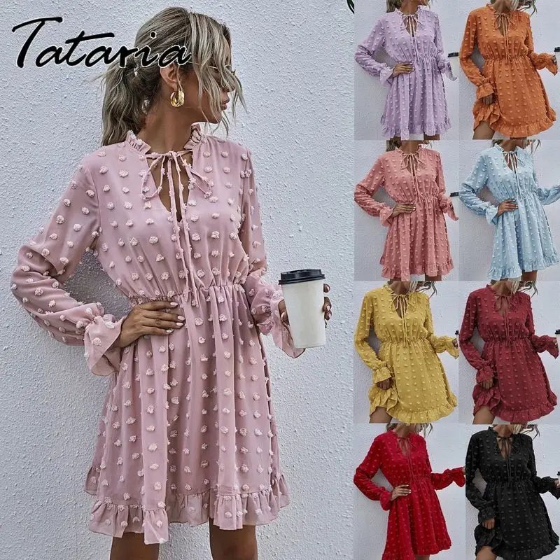 Las mujeres Rosa Vestido para damas apliques Vestido camisero de gasa de las mujeres cuello con volantes de manga larga cintura Mini Vestido de verano Vestido de