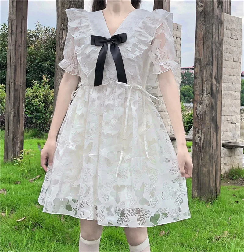 Japanese Sweet Kawaii Mori Girly Preppy Women Dresses 2020 Summer Fairy Bow Collar Puff Sleeve Gauze White Girly Fluffy Dresses