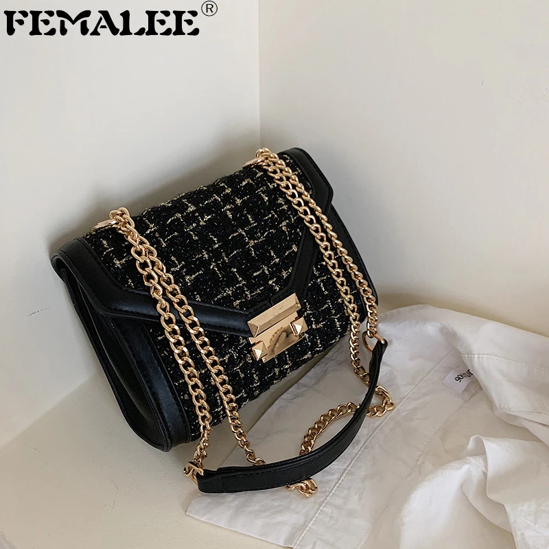 

Tweed Luxury Shoulder Bag For Women Lock Chains Brand Designer Crossbody Bag Woolen Handbags 2019 Fall Winter Messenger Bags