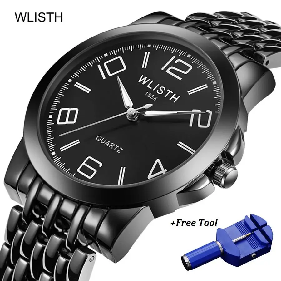 WLISTH Big Number Watch Men Luxury Full Black Quartz Analog Waterproof
