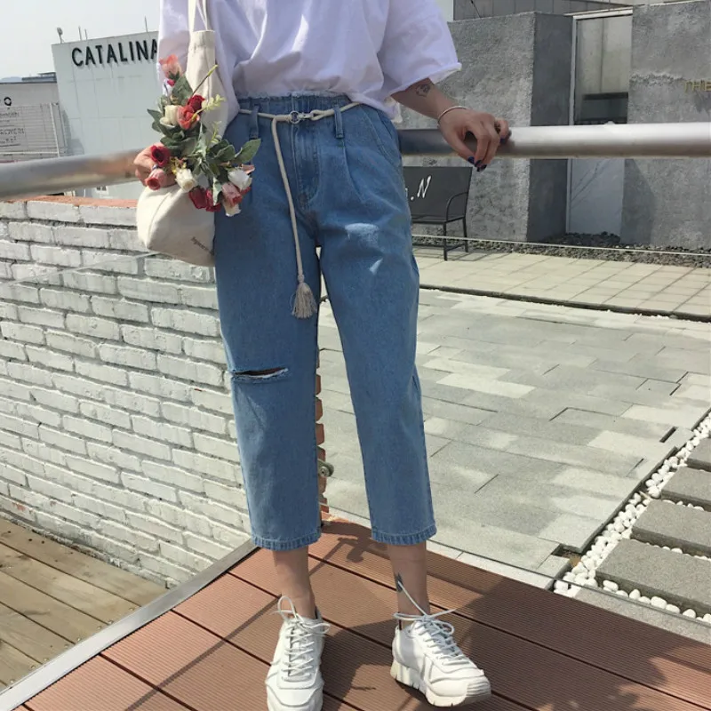 Женские джинсы Harajuku, корейский стиль, высокое качество, с дырками, свободные, повседневные, универсальные, женские, модные, до щиколотки, джинсовые, простые, повседневные