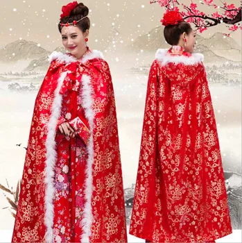 

Women Hanfu Cloak Chinese Ancient Traditional Winter Thick White Red Velvet Hooded Cape Cloak Women Christmas Costume For Lady