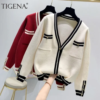 

TIGENA High Quality Elegant Knit Cardigan Women 2020 Autumn Winter Korean Long Sleeve Sweater Cardigan Female Knitwear Clothes