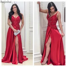 Baijinbay элегантные красные платья для выпускного вечера Длинные иллюзионные вечерние платья с v-образным вырезом атласное вечернее платье с разрезом бисероплетение кружевное вечернее платье Vestidos