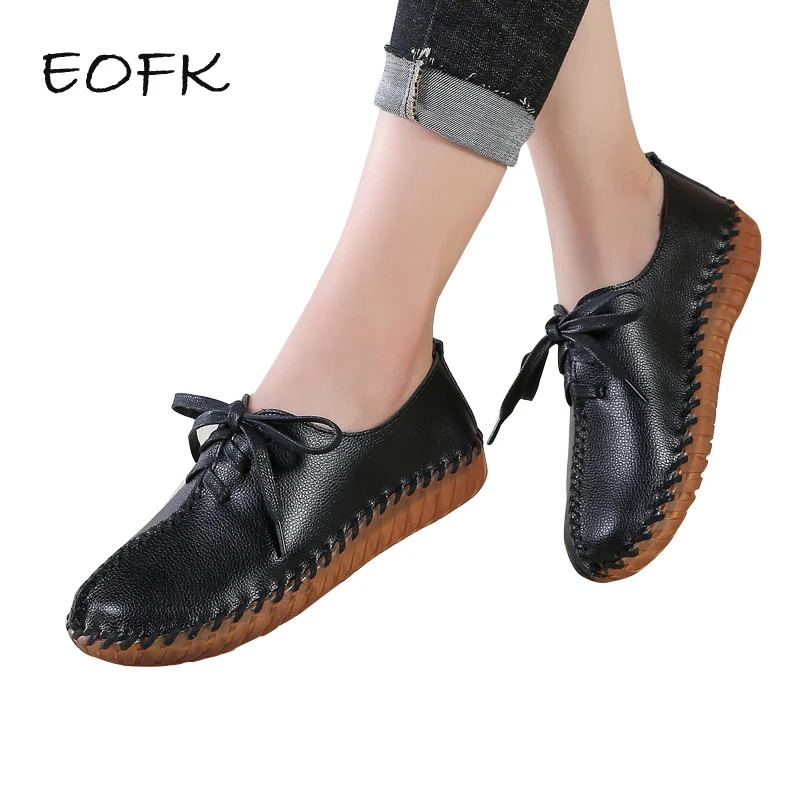 

EOFK Women Genuine Leather Shoes Woman 2019 Hand Sewing Soft Lace-up Female Flats Shoes Casual Solid Women's Loafers Shoe