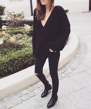 

2019 Women Fall Sexy Backless Knitted Sweater V-Neck Long Sleeve Casual Pullover