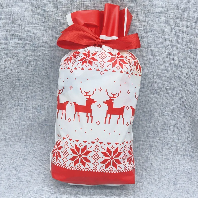 50Pcs Christmas Tree Gift Bags Santa Printed Packaging Plastic Drawstring Bag