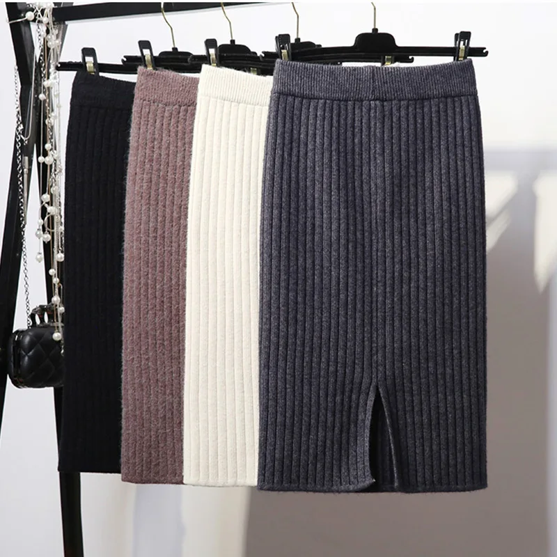 Najtaniej Damski Bodycon z rozcięciem, dziergana spódnica jesień biały wysokiej talii ołówkowe spódnice midi kobiety 2019 zima elegancki Knitting dna kobieta