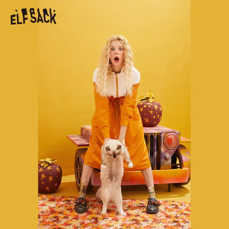 ELFSACK, оранжевое, цветное, с принтом лисы, корейское платье для женщин,, зимнее, клетчатое, эластичное, с завязками, с длинным рукавом, свободные, женские платья
