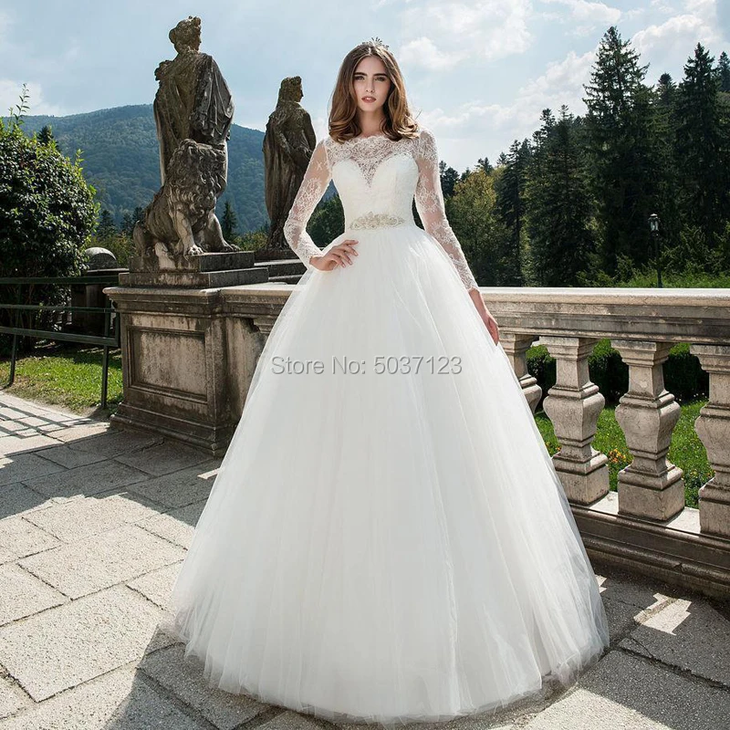 Lange Mouwen Baljurk Tule Trouwjurken Kant Applicaties Crystal Belt Floor Lengte Bruidsjurk Vestido De Noiva Sweep Trein Lange Mouwen Baljurk Tule Trouwjurken Kant Applicaties Crystal Belt Floor Lengte Bruidsjurk Vestido De Noiva Sweep Trein