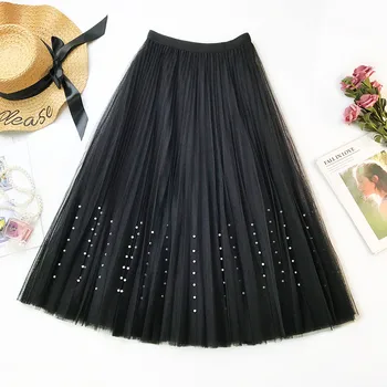 

2020 Pretty Beaded Long Tulle Skirt WF0070 Black White Pink Women Ladies High Waist Pleated A Line Skirts