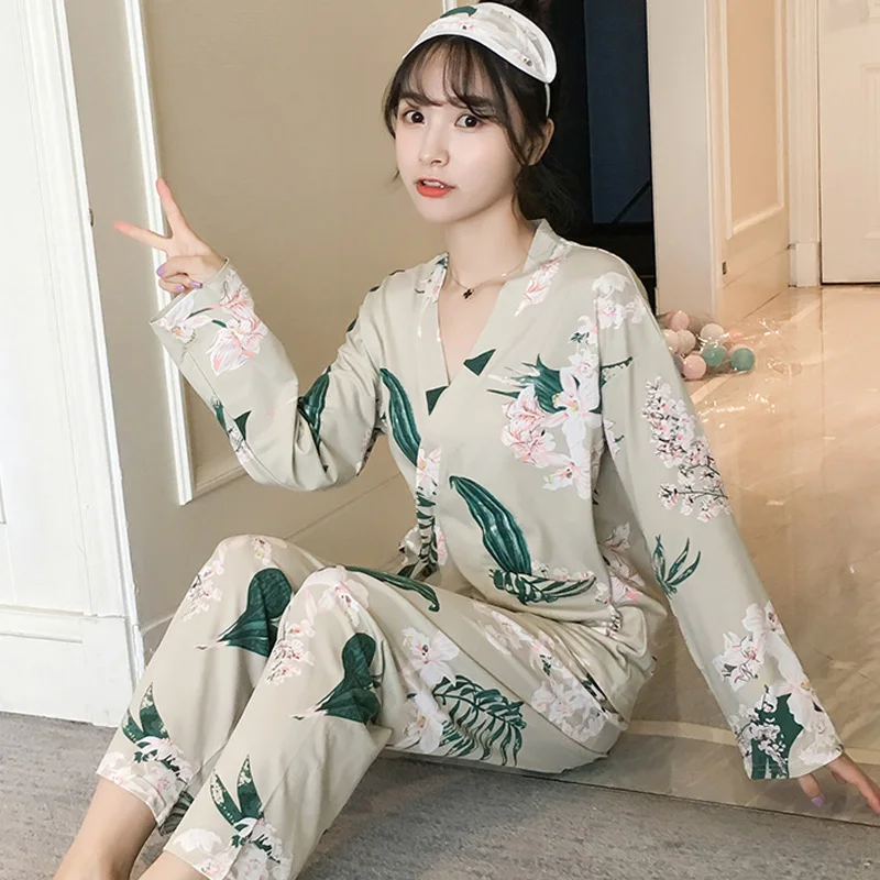 

Eye mask Autumn new Girls Pijama Mujer Winter Comfortable Women Pajamas Sets Long Sleeve Kimono Home Wear Serve Lovely Sleepwear