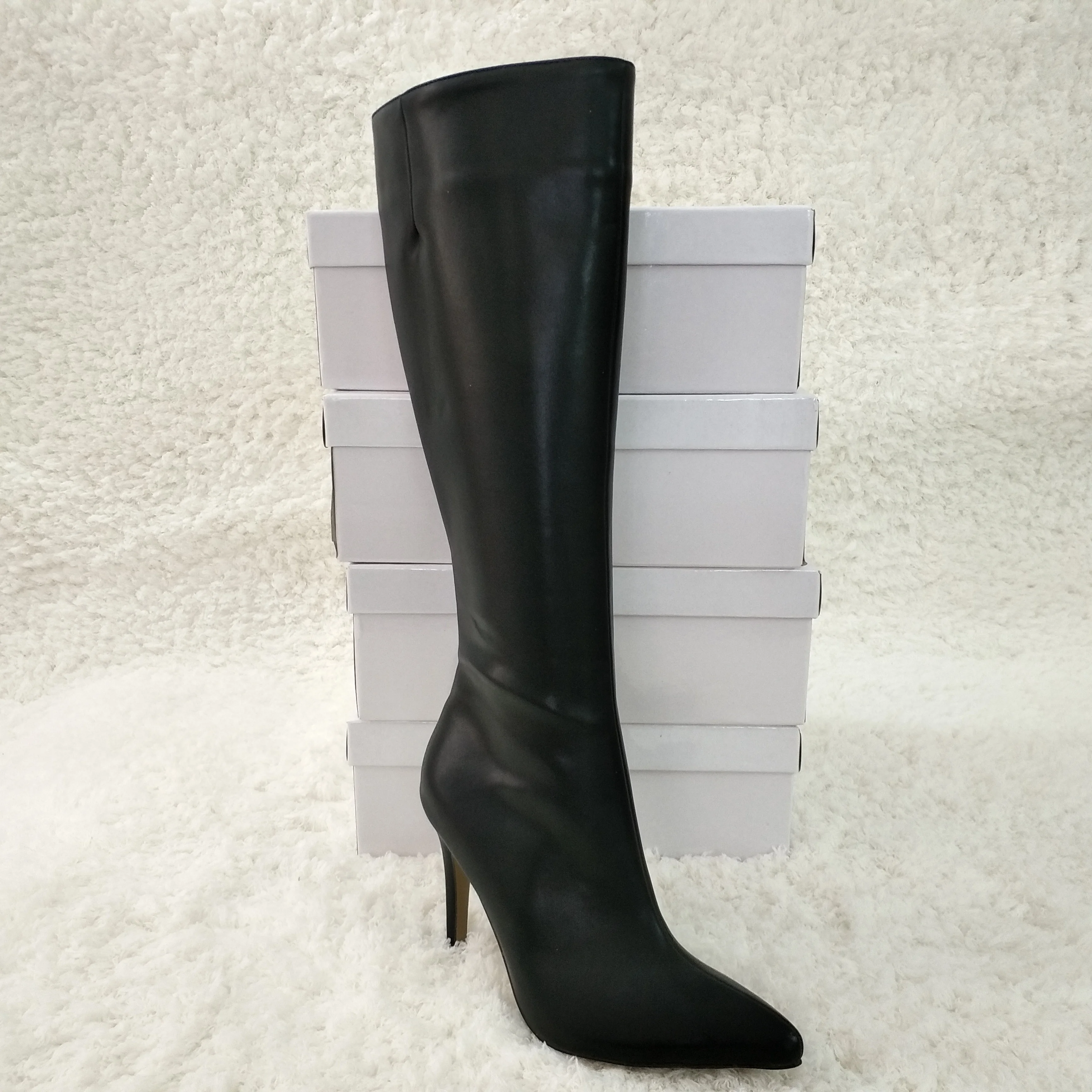 

Women Stiletto Thin High Heel Knee-High Boots Pointed Toe Black PU Fashion Evening Party Ball Lady Office Long Boots 70887BT-r