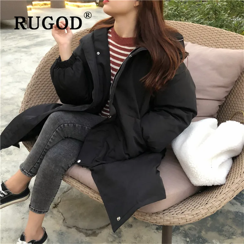 RUGOD, корейский стиль, стиль, Ретро стиль, утолщенное, длинный рукав, с капюшоном, длинное пальто, теплая куртка, зимние топы для женщин, мода