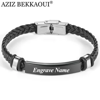 

AZIZ BEKKAOUI Stainless Steel Bracelet Vintage Engrave Name Black Braid Woven Leather Bracelet DIY Letter Men Bangle Jewelry