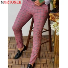 

Red Plaid Ankle-Length Skinny Pants Men 2022 Brand New Slim Fit Stretch Cropped Dress Pants Vintage Casual Flat-Front Trousers