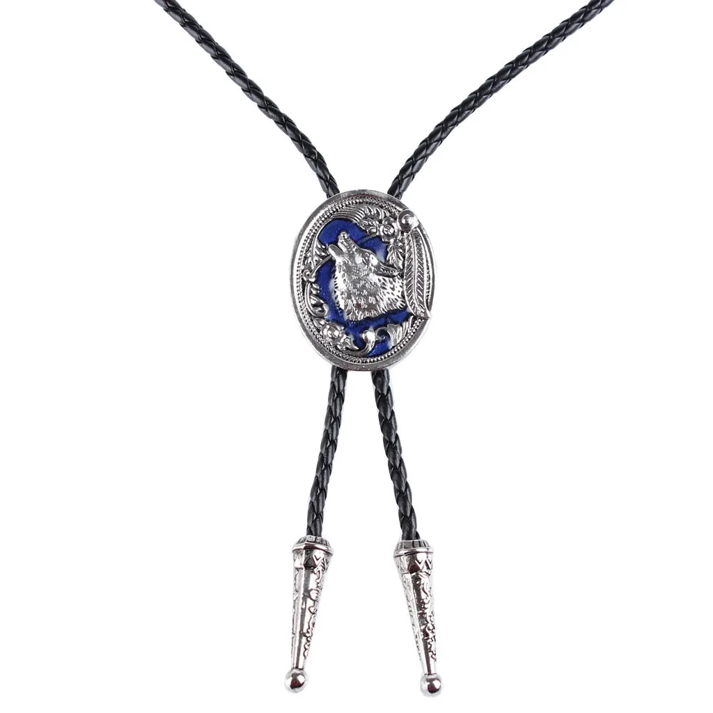 Vintage Aborigines silver color Wolf Western Cowboy Rodeo Bolo Leather Necktie