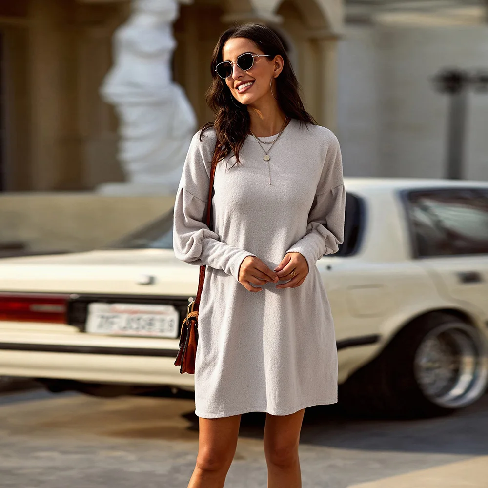 

New Style Tact Long-sleeved Dress Lantern Sleeve Loose-Fit Slimming Autumn And Winter Europe And America WOMEN'S Dress Plush bai
