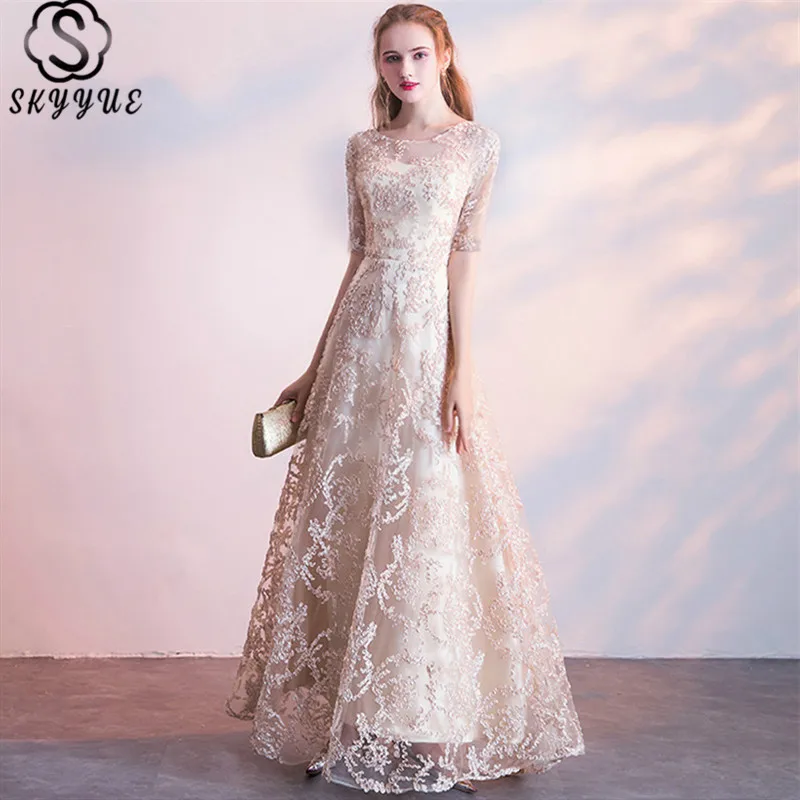 

Skyyue Solid O-Neck Evening Gown Half Sleeve Lace Draped Women Party Dresses Appliques A-Line Formal Dress Robe De Soiree LX064