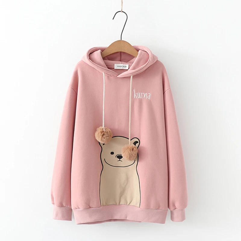 Harajuku Kawaii толстовка с капюшоном и медвежьими ушками, свободные толстовки с длинными рукавами, бархатная Толстая Повседневная Толстовка с капюшоном для девочек, женская одежда, пуловер