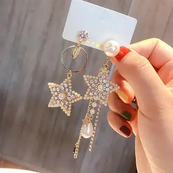 

Women Shinning Pearl Earrings Rhinestone Pearl Star Fashion Dangle Earrings Pentagram Earrings Luxury Wedding Jwelery