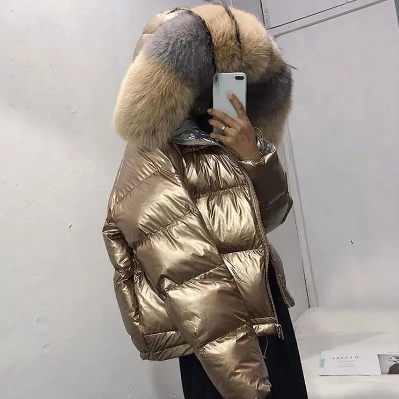 Пальто с натуральным лисьим меховым воротником зимняя куртка женская Свободная короткая куртка белая пуховая куртка Толстая теплая пуховая парка