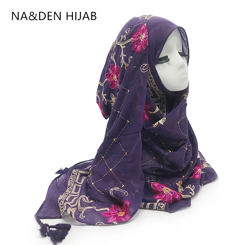 

Luxury Solid viscose scarf embroider hot rhinestone tassels muslim women hijab wrap fashion shawl bandana 10pcs fast shipping