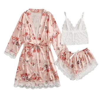 

Women Sexy Pajamas Set 3pcs Satin Nightdress Silk Underwear Sleepwear Breathable Babydoll Sleepwear Nightdress Pajamas Set 2020