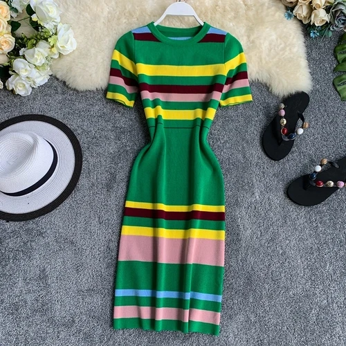 Gagarich повседневное облегающее платье миди для женщин Модные полосатые трикотажные платья с коротким рукавом и круглым вырезом стрейч Vestido - Цвет: green