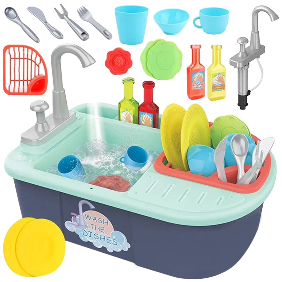 

16Pcs Children Simulation Dishwasher Toy Pretend Dishwasher Playset Dish Toys with Manual Running Water - Macaron Green