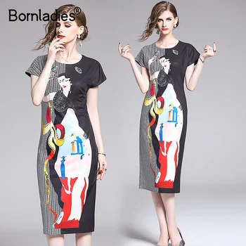 

Bornladies Designer Summer Dress Women's Beading Character Print slit Elegant Vintage Ladies Package Slim buttocks Dresses