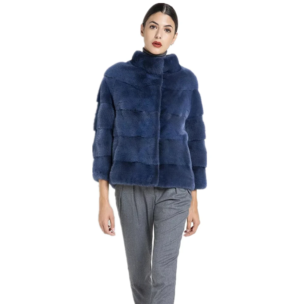 TOPFUR, Сапфировая Синяя кожаная куртка, натуральный мех, пальто размера плюс, зимнее пальто для женщин, короткая куртка с воротником, рукав три четверти