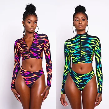 

Printed split bikini sexy zipper multicolor tight hipster women's swimsuit