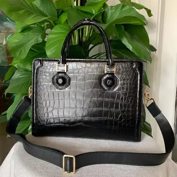 

Authentic Crocodile Belly Skin Businessmen Laptop Briefcase Genuine Exotic Alligator Leather Male Large Black Top-handle Handbag