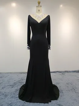 

Women's Beaded High Neck Long Black Evening Dresses with Sleeve Satin Zipper Back Floor Length Formal Dinner Party Dresses