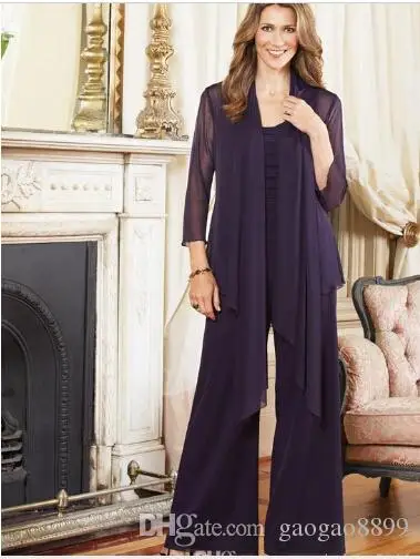 

vintage cheap Plus Size Purple outfits Custom Made Chiffon vestido novia 2018 Mother of the Bride dresses Pant Suits with jacket