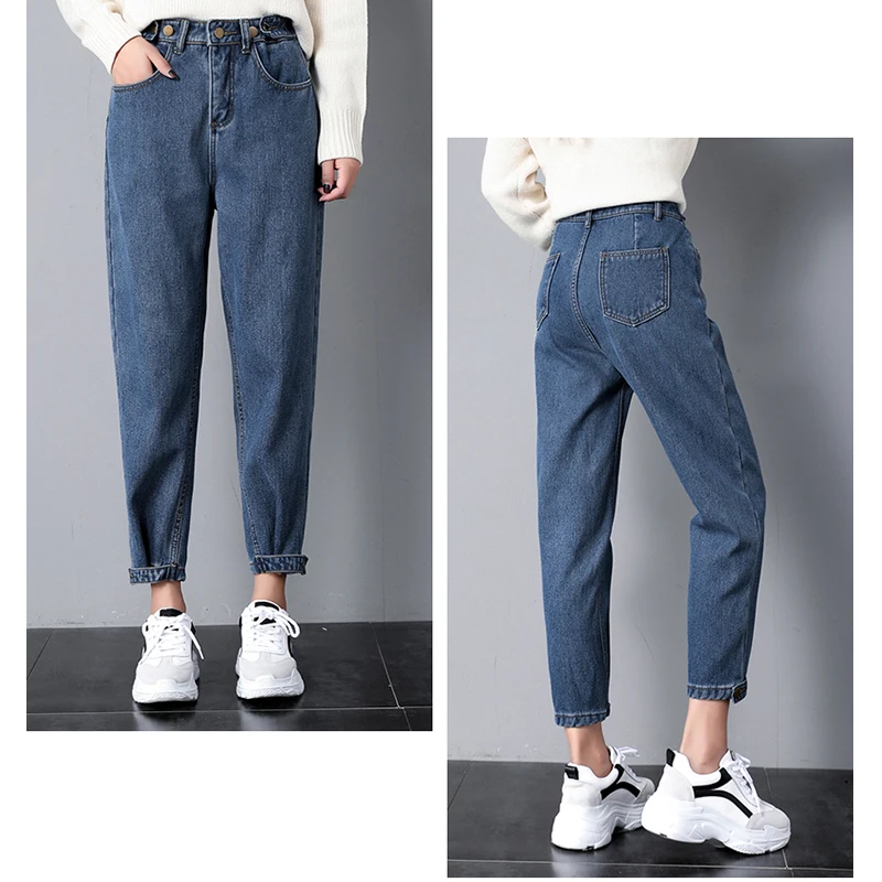 Goede Herfst Winter Jeans Vrouwen Dikke Warme Fleece Jeans Hoge Taille Boyfriend Jeans Voor Vrouwen Casual Baggy Loose Harembroek Denim Broek