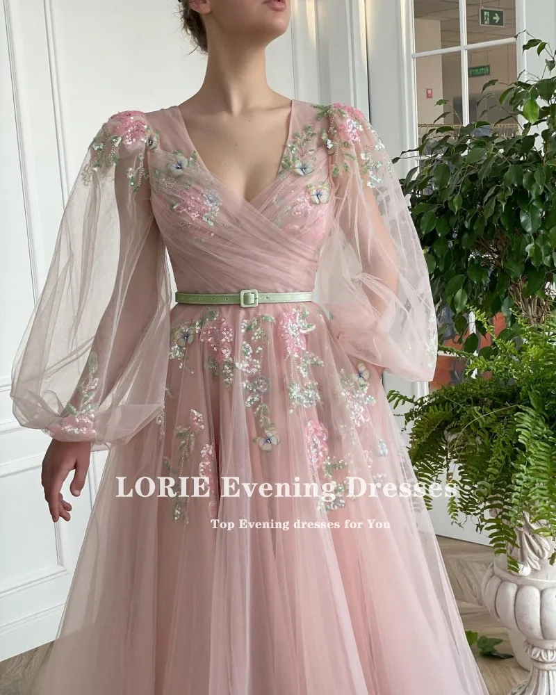 LORIE Fairy Prom Dress V Neck Appliques Flowers Pink Long Puff Sleeve Party Dress for Graduation Celebrity robe fete femme