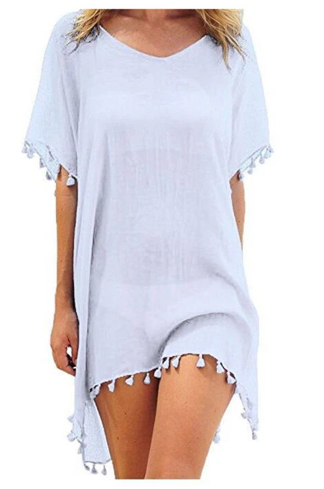 Vintage Women Beach Dress Solid Mesh Cover-Ups Beachwear Ladies Tassel Swimwear Short Sleeve Bathing Chiffon Cover Up swimsuit cover up swimsuit coverup fishnet cover up women dresses