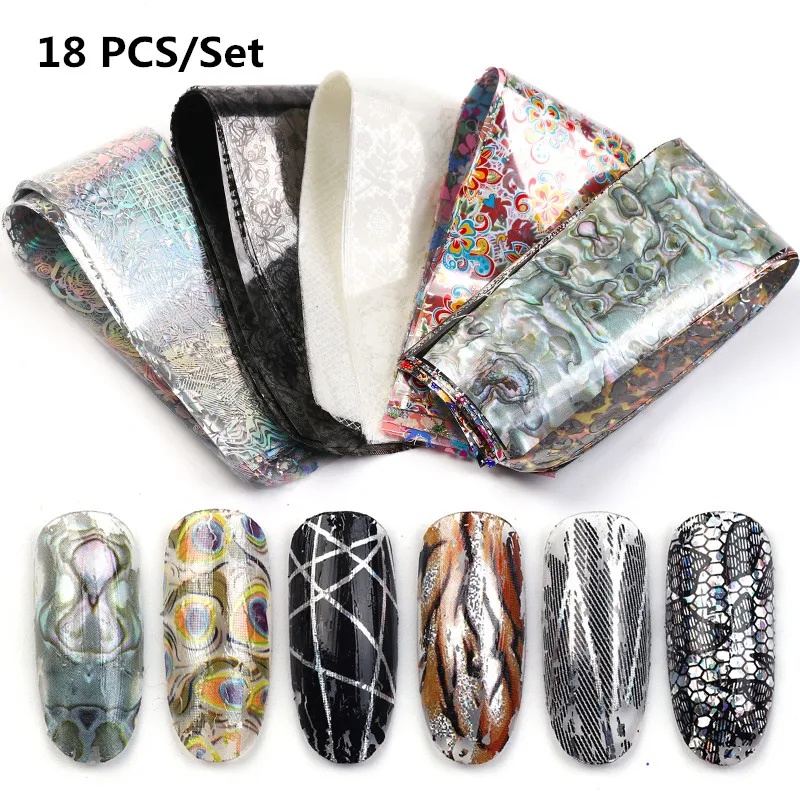 

12 /18 PCS Set 4*20cm Holographic Nail Foil Transfer Decal Mixed Flowers For Nails Stickers Rhinestones Decorations Wraps Foils
