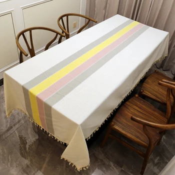 

Rectangular Dining Table Cover Striped Cotton Linen Restaurant Tablecloth Modern Decorative Tassels Table Cloth For Home Decor