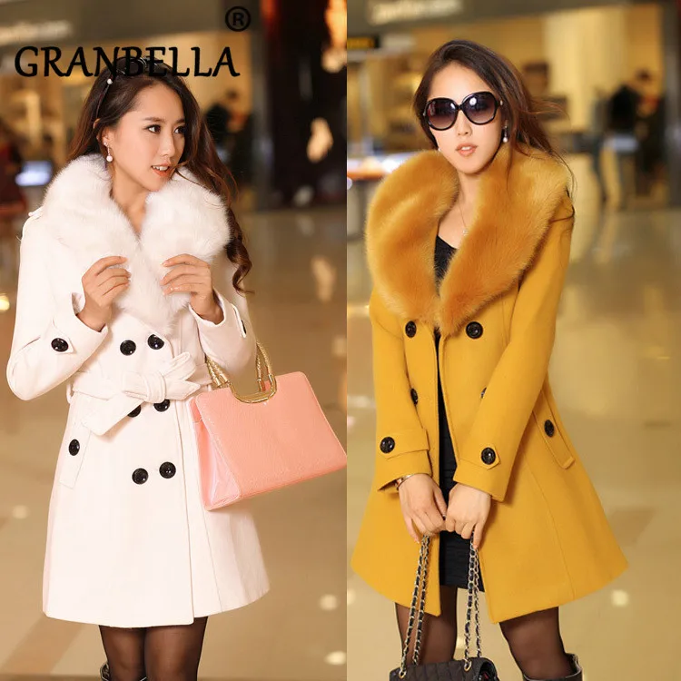 Зимнее женское Шерстяное Пальто с большим воротником, тонкое повседневное теплое розовое однотонное пальто с поясом, двубортное милое Женское пальто