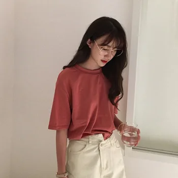 

2019 New Style Korean-style Solid Color Base Shirt Blouses Loose-Fit Versatile Base-Short-sleeved round Collar T-shirt Student