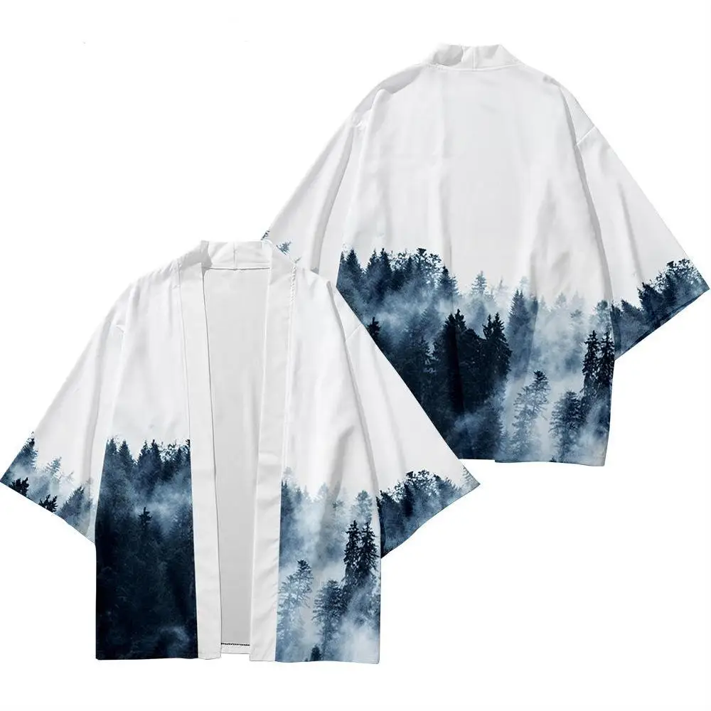 

European and American Large Size Shirt Kimono Cardigan Loose Large Size Smoke Extended Forest Printed Men's Coat