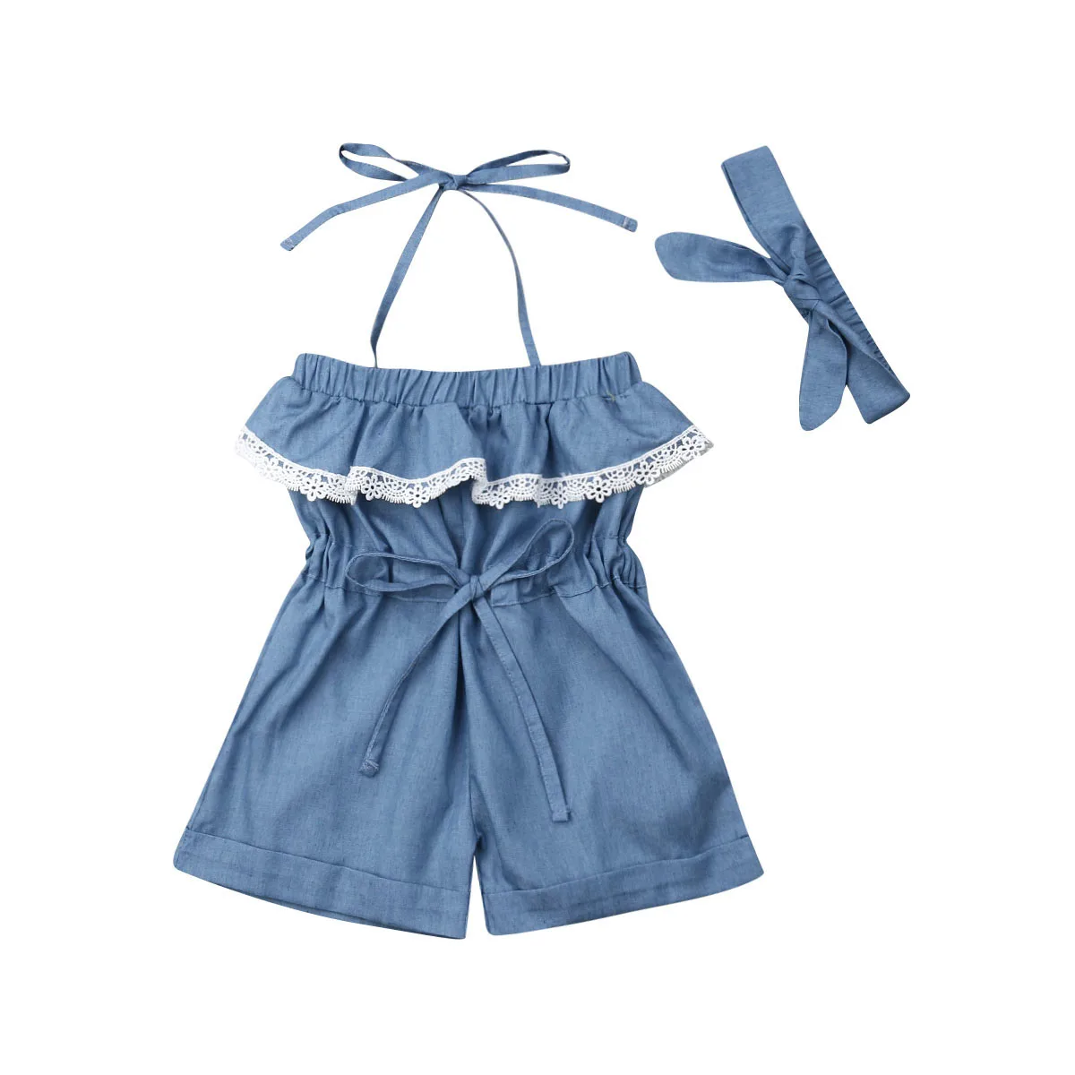 

Baby Girl Halter neck off shoulder Ruffle Romper Jumpsuit blue Romper Trousers Clothes and Headband Outfits 1-4T Girl Clothes