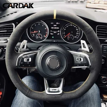 CARDAK Black Suede Yellow Marker Car Steering Wheel Cover for Volkswagen Golf 7 GTI Golf R MK7 VW Polo GTI Scirocco 2015 2016